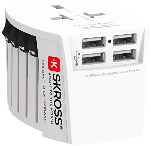 SKROSS - 1.302961 - Antichoc - SÉCURITAIRE pour Les Enfants. Adaptateur de Voyage Universel 2 pôles Plus 4 Ports USB Type-A 4,8 A - Tension et Puissance : 100 V – 250 W/250 V – 625 W