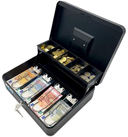 Geldkassette abschließbar, aus Stahl - Geldkoffer, Geldbox, Geldkasse, Kasse - Neue Metall-Spardose 100% sicher, 30 x 24 x 9 cm - Schwarz