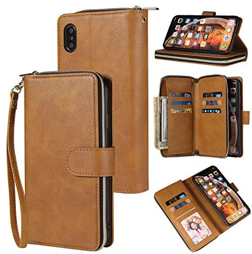 nancencen Handyhülle Kompatibel mit Apple iPhone XS Max/XS Plus (6.5), Lederhülle Flip Cover Brieftasche Hülle Kreditkartenschlitz (9 Karten) für Apple iPhone XS Max Schutzhülle -Braun