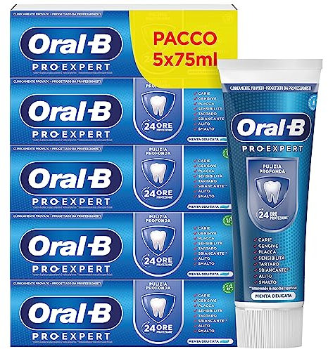 Oral-B DENTIFRICIO Pro-Expert PULIZIA PROFONDA, Protezione di 24 Ore CONTRO LA PLACCA, Clinicamente Provato, Confezione da 5 Dentifrici (5x75ml), Gusto MENTA DELICATA