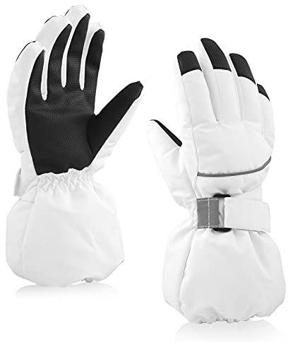 SEYUFN Kinder Winterhandschuhe Jungen Skihandschuhe Warme Mädchenhandschuhe mit Fleecefutter wasserdichte Skischutzhandschuhe Sporthandschuhe 4-14 Jahre(Weiß,L(11-14 Jahre))