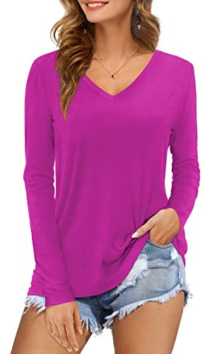 Florboom Oberteile Damen V-Ausschnitt Shirt Langarm Bluse Tunika Longshirt Lila XL