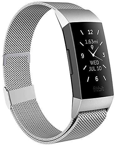 Moydolo Kompatibel mit Fitbit Charge 3 Armband/Charge 4 Armband, Damen Herren Metall Magnetschloss Einstellbare Edelstahl Ersatzarmband Armbänder mit Charge3/Charge 4/Charge 3 SE, Groß Silber