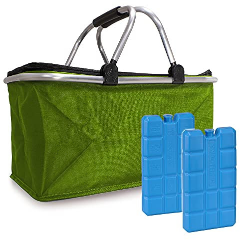 Einkaufskorb faltbar isoliert 25L & 2x Kühlakkus I Isolierkorb mit gepolsterten Tragegriffen & Reißverschluss am Deckel I Leicht klappbarer Kühlkorb - 10kg belastbar I Faltkorb perfekter Picknickkorb