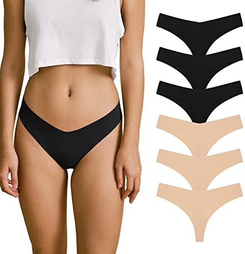 SHARICCA Strings Set Seamless Tangas Damen Nahtlose Unterhosen Sexy Mehrfarbig No Show Seamless Atmungsaktiv Thong Slip 6er-Pack Set (Mehrfarbig-6P02 L)