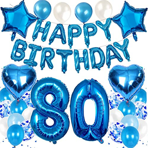 Feelairy Luftballon 80. Geburtstag Deko Männer Set, Blau Geburtstagsdeko 80 Jahre Mann, Folienballon Zahl 80 Blau, Luftballons Happy Birthday Banner Girlande, Ballon 80 Deko zum Geburtstag Mann