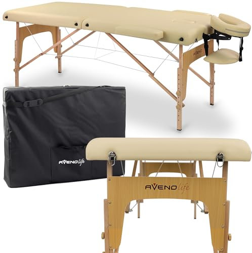 HABYS Sofia Massageliege | Klappbar Holz 2 Zonen | Massagetisch mit Vollausstattung | 185 x 70 x 85 cm, bis 250 kg | Armlehnen, Kopfstütze, Tragetasche, MDR-Zertifiziert | Beige