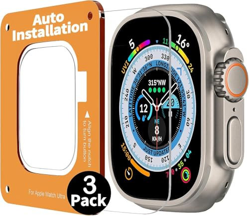 [Confezione da 3 + 3] Smiling Screen Protector con Apple Watch Ultra 49 mm, confezione da 3 pellicole proteggi schermo in vetro temperato 9H con kit di strumenti di allineamento automatico, facile