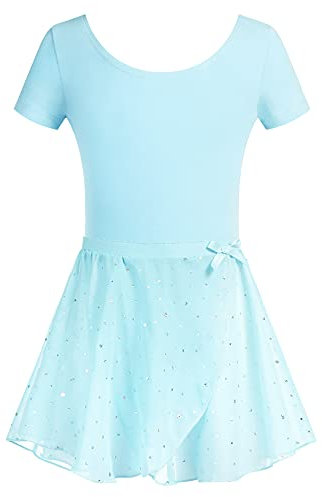 Arshiner Kinder Ballettkleidung Mädchen Ballettkleid Baumwolle Tanzbody Balletttrikot Dancewear Tanzkleid mit Rock Tütü Türkis 140/6-7 Jahre