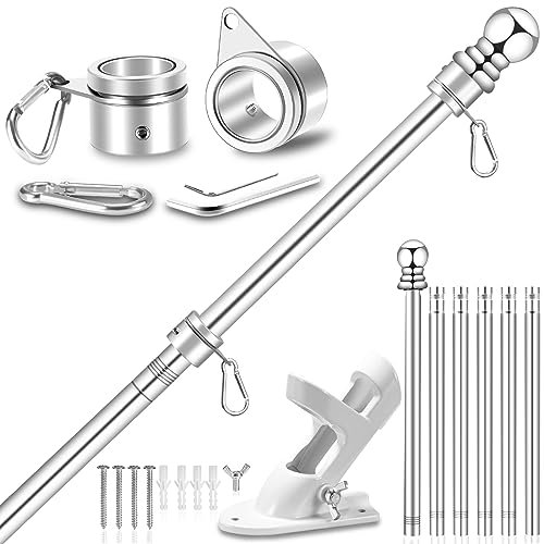 REERON 2,5 m Fahnenmast-Set für Haus, mit 2-Positionen-Halterung und drehbaren Metall-Fahnenmastringen, 2,5 cm drehbarer Edelstahl-Fahnenmast-Set für 10,2 x 15,2 cm große amerikanische Flagge