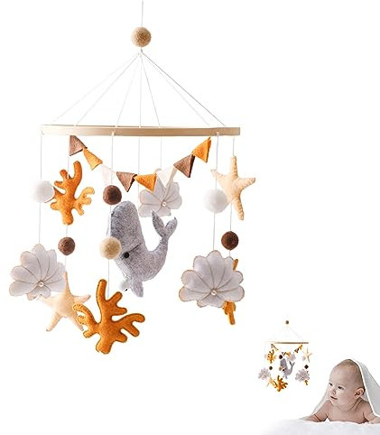Promise Babe Mobile Baby Muschel Stern Meer Korallengürtel Filzkugel, Babyzimmer Tier Wal Holzhaken Mobile Neugeborenes Mädchen Tier Bett Uhr Anhänger Babybettchen Deko