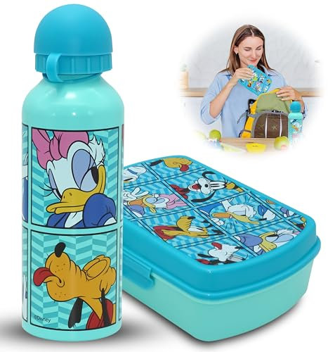 SRV Hub Lot de 2 boîtes à goûter Mickey Mouse avec bouteille d'eau de 500 ml,Ensemble déjeuner durable pour enfants,Bouteille d'eau isotherme en plastique sans BPA MF50001