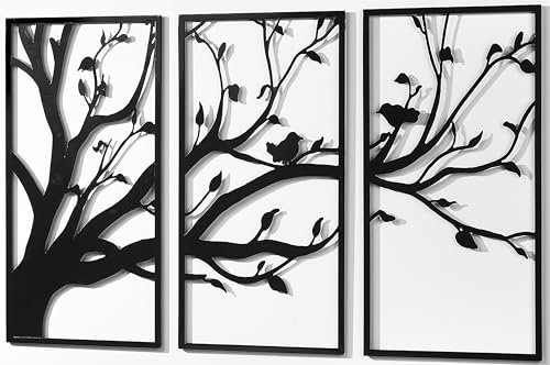 Kobolo Wandbild Wanddeko Metallbild - TREE - Metall - dreiteilig - schwarz - Baum mit Vögeln - XXL