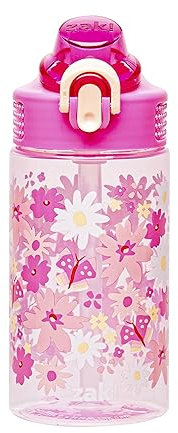 Zak Designs Sage Wasserflasche für Schule oder Reisen, 473 ml, robuste Kunststoff-Wasserflasche mit Strohhalm, Griff und auslaufsicherer, Pop-Up-Auslaufabdeckung (Flower Power)