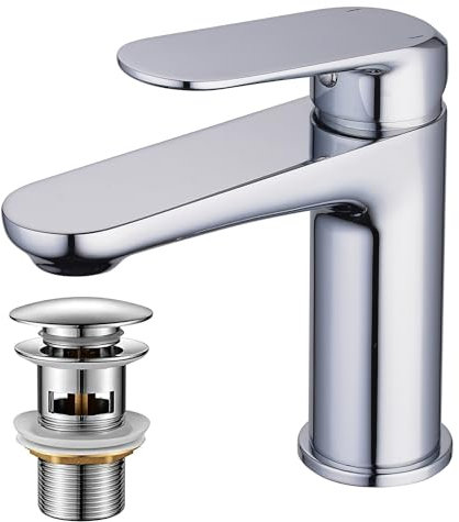 Bathroom Taps, NEWRAIN Basin Mixer Tap with Pop Up Sink Plug, Solid Brass Modern Single Lever Chrome Bathroom Faucet