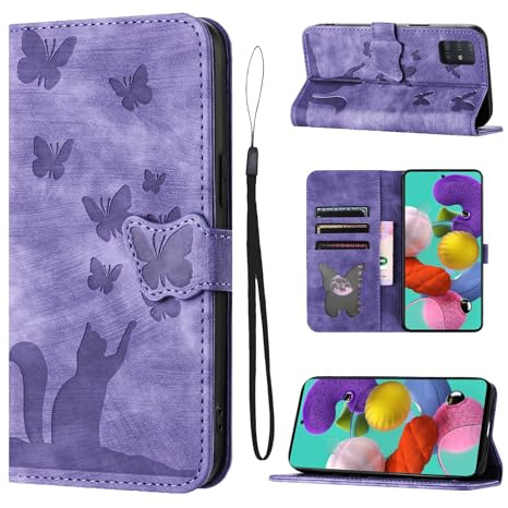 LSPCASA Klappschutzhülle Für Samsung Galaxy A51 4G 6.5 Zoll Standfunktion Samsung Galaxy A51 Hülle Mit Kartenfächern Samsung A51 Hülle Katzen Schmetterlingsmuster Lederhülle Lila