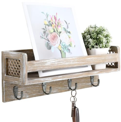 Satauko Mensole da Muro Design con 4 Ganci per Chiavi Organizer, Mensole da Appendere in Legno per Portaspezie Cucina, Scaffale a Parete Decorazione per Camera da Letto, Soggiorno, Bagno.