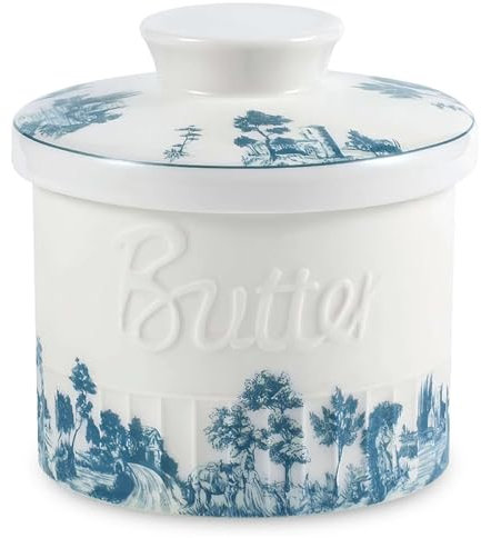 Beurrier pour comptoir avec eau, beurrier français, pot à beurre, beurrier d'eau, beurrier à eau, porcelaine bleue et blanche, 10 x 10 x 8 cm