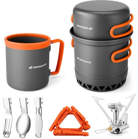 Odoland Batterie de cuisine de camping améliorée - Ustensiles de cuisine d'extérieur en aluminium avec brûleur et tasse - Couverts pliables - Mini réchaud de camping pour pique-nique en plein air