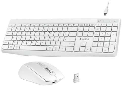 KOORUI Wireless Keyboard and Mouse Set, UK Layout QWERTY with 12 Function Keys, 2.4 GHz, Silent, Rechargeable, for Windows, MacOS, Linux - White