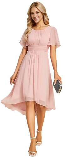 Ever-Pretty Robe d'Invité de Mariage Femme Longueur Manches Volantées Plissé Mousseline Au Genou Col Rond Robe de Soirée Élégante Rose 50