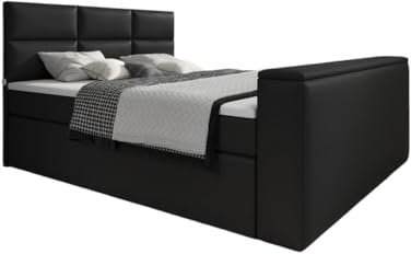 Boxspringbett Carre 140x200 Doppelbett Polsterbett Bett mit TV Lift, USB-Anschluss | Bezug: Kunstleder | Farbe: Schwarz | Härtegrad: H4 (100kg+)