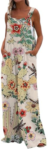 KonJim Romper Suits for Women Adjustable Straps with Pockets Casual Dungarees Baggy Overall Jumpsuit Floral Print for Summer Beach Holiday Vintage Floral Printed Loose Casual