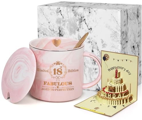 Joymaking 18. Geburtstag Geschenke für Mädchen Kaffee Tasse Lustige Geburtstagsgeschenke Limited 18 Edition Achtzehn Jahre Alt Geburtstag Tasse mit Grußkarte, 320ml Rosa