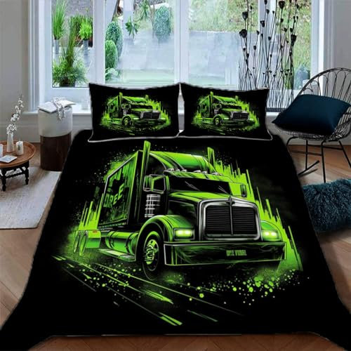 Ruiqieor Bettwäsche 135x200cm,Grüner LKW Motiv Bettbezüge 3teilig Microfaser-Baumwolle Bettbezug mit Reißverschluss und 2 Kopfkissenbezug für Jungen Mädchen Komfort(#9)