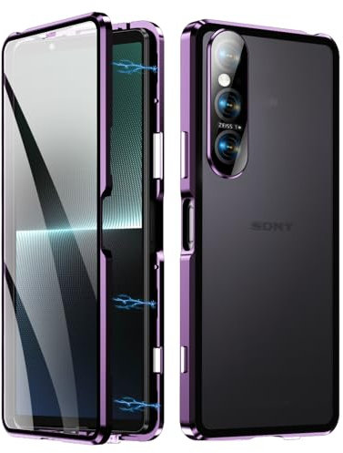 Fiokxie Hülle kompatibel mit Sony Xperia 1 V Schutzhülle Magnetische Adsorption Case Metallrahmen Handyhülle 360 Grad Schutzhülle Vorne und Hinten Vollbild Display Schutz Gehärtetes Glas Cover,Lila