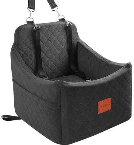 INDYBUD Hunde Autositz für kleine bis mittlere Hunde, Memory Foam erhöhte Kissen Hundeautositz,abnehmbar und waschbar Haustier tragbare Autositz mit 2 Clip-On Sicherheitsleinen (Schwarz, Mittel)