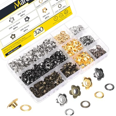 Mardatt Flower Shaped Eyelets, 320 Stück 3/16 Zoll Blume Ösen Ösen, gemischte Farben Metall Ösen Blumen Ösen für Scrapbooking Stoff Kleidung Schuhe Leder Handwerk (Gold/Silber/Schwarz/Bronze)
