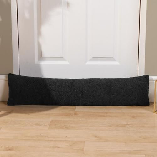 OHS Door Draft Excluder Cushion Boucle Fleece, Decorative Home Accessories Soft Draught Excluders for Doors Living Room Bedroom Kitchen Cold Air Stopper, Black 90 x 20cm