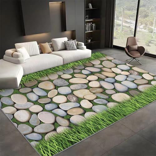 Teppich Wohnzimmer Grün Teppich, Naturfotografie Gras Kieselsteine rutschfest Schlafzimmer Teppich, 60x90 cm Weich Waschbar Teppiche für Wohnzimmer, Schlafzimmer und Flur