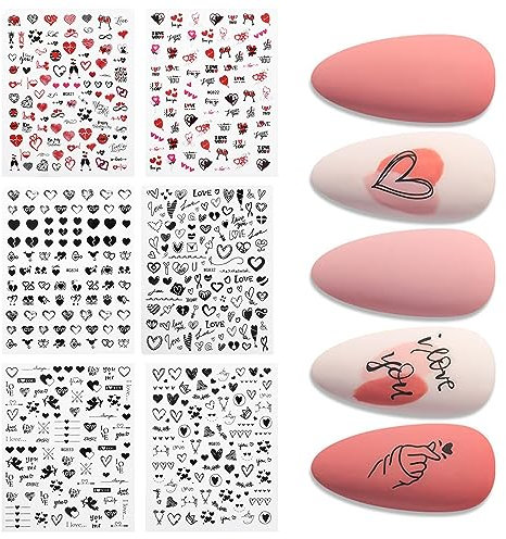 6 Feuilles Stickers Ongles Autocollants Forme de Cœur Noir, Rouge et Multicolore pour Nail Art Autocollants Saint-Valentin Autoadhésifs Deco Ongle Design Manucure DIY pour Femme et Fille
