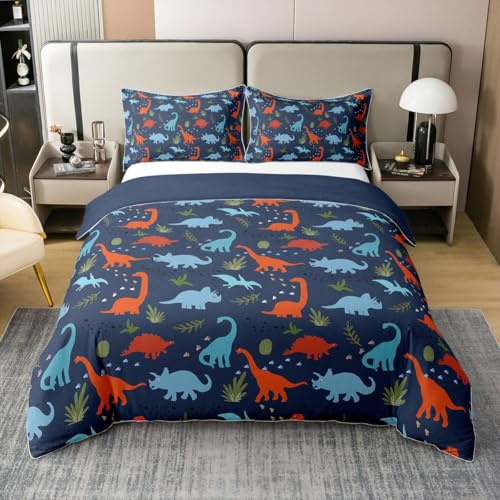 Kinder Dinosaurier 100% Baumwolle Bettbezug 135x200,Cartoon Dino Bettwäsche Set für Jungen Mädchen,Dinosaurier Bett Sets,Nette Dinos Bettbezug mit 1 Kissenbezug Reißverschluss Krawatten,Kein Tröster