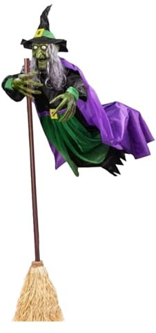 Fliegende Hexe Halloween Animierte Dekoration, Schwebende Hexe Auf Besen Mit Gruseligen Geräuschen, Animierte Gruselige Requisiten Halloween Dekoration Für Outdoor