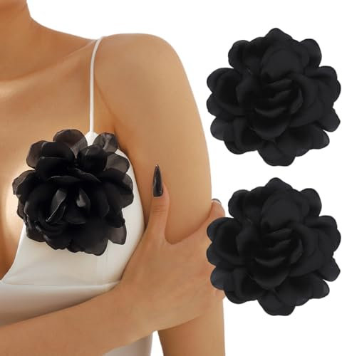 MIRKUZI Broches et pins pour femme 2 pièces grandes broches roses, broches à fleurs en tissu, broches de couleur unie, adaptées aux accessoires de costumes de bal pour femmes (noir)