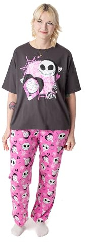 Disney The Nightmare Before Christmas Womens Pyjama Set | Adults Jack Skellington Graphic Short Sleeve Top & Long Leg PJ Bottoms in Black & Pink | Ladies Sally Character All Over Print Nightwear