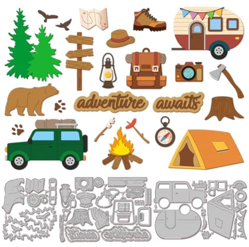 GLOBLELAND Camping Stanzformen Für Bastelarbeiten Scrapbooking Metall Zelt Auto Stanzformen Bär Baum Stanzungen Für Kartenherstellung Prägung