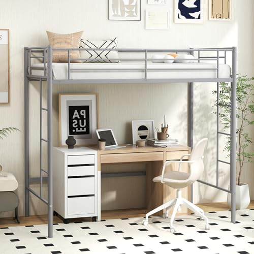 COSTWAY Metal Bunk Bed, 2 Ladders Loft Bed Frame with Safety Guardrail, Home Bedroom Furniture Space-Saving Single High Sleeper for Kids, Teens and Adults (Silver, 196 x 98 x 184cm)