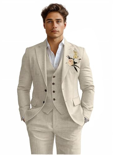 Men 3 Piece Suits Set Linen Slim Fit Wedding Dress Outfits Beach Prom Groomsmen Tuxedo Blazer Vest Pants for Teen XL Beige