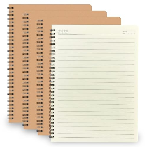 TAOBWN 4 Pack A4 Lined Notebook 120 Pages/60 Sheets Wirebound Spiral Notebook Kraft Cover Note Book for Students Travelers Business Office School Study