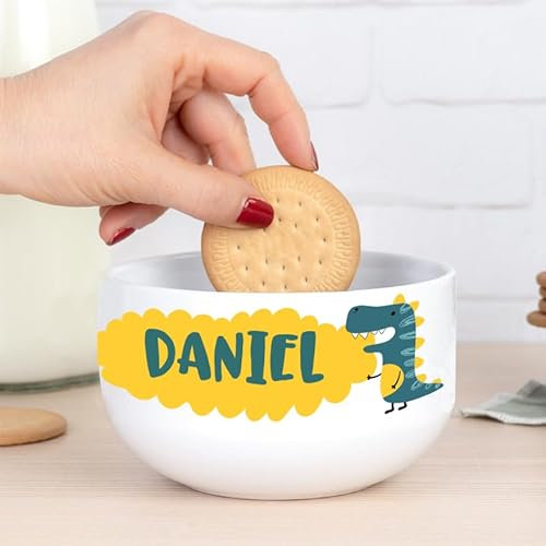Wanapix | Personalised Breakfast Bowl with Handle | Ceramic Breakfast Bowl | Microwave and Dishwasher Safe | Dinosaur