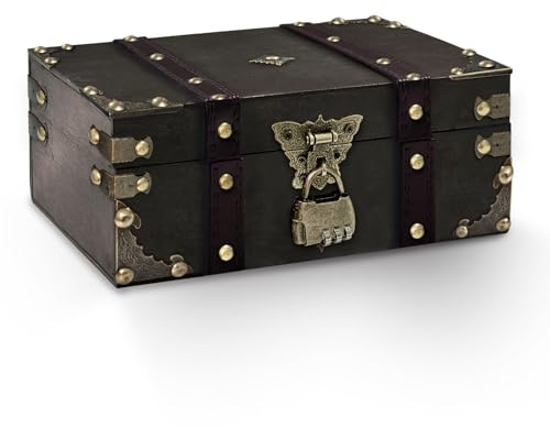 Feruchun Schatztruhe Holz,Vintage Schatzkiste mit Schloss,24 x 17 x 9.5cm Piratenschatztruhe,Schatztruhe Kindergeburtstag,Schatzkiste für Hochzeit Aufbewahrung Dekoration (Farbe 1)