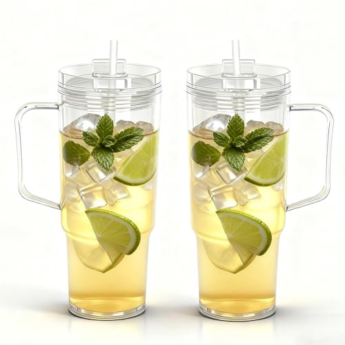 Yisituo 1200ml Tumbler with Straw and Lid, Reusable Plastic Travel Mug with Handle, Insulated Double Walled Coffee Mug for Coffee, Drink,Tea, Water, Smoothie (2, Clear)