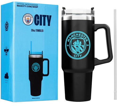 Get Trend Manchester City Insulated Tumbler 850ml, Stainless Steel Water Bottle with Straw & Handle, Cold for 12H Hot for 8H, Travel Coffee Mug, Football Gifts (Black Man City)