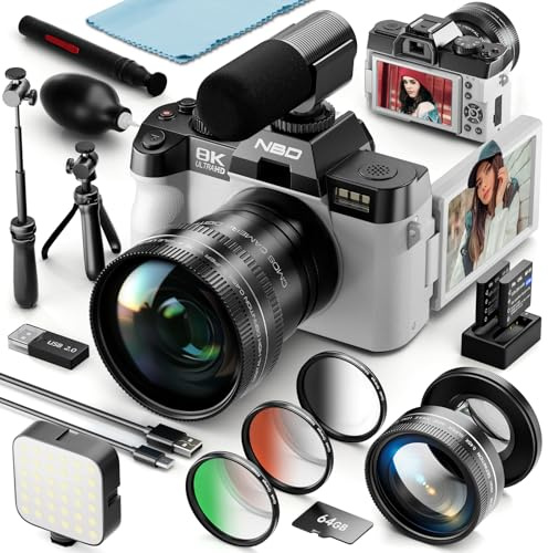 8K Digital Cameras for Photography, 64MP vlogging Camera with 180°Flip Screen，2 Batteries, 64GB TF Card，16X Zoom, WiFi, 3 Color Filters,Microphone, Tripod, Wide & Macro Lens Kit (White)