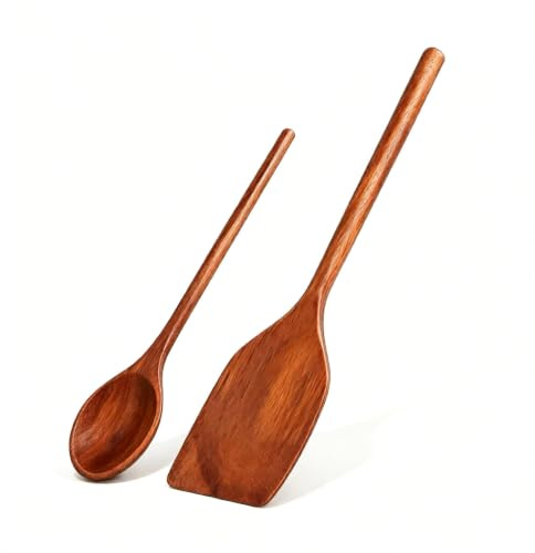 2Pcs Wooden Spoons for Cooking 30cm Spatula, 25cm Serving Spoon Long Handle | Non-Scratch Wooden Spoons, Heat Resistant Cooking Spoon, Non-Toxic Wooden Utensils, Kitchen Utensils Set for Nonstick Pan