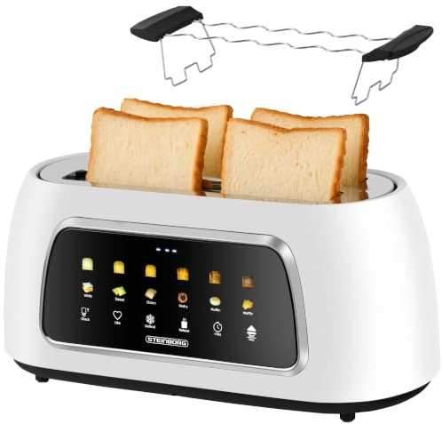 Steinborg® Automatik Toaster mit Brötchenaufsatz 4 Scheiben Automatische Liftfunktion ohne Hebel - Langschlitztoaster Toastautomat Digitales Display Brotzentrierung Restzeitanzeige (Weiß)
